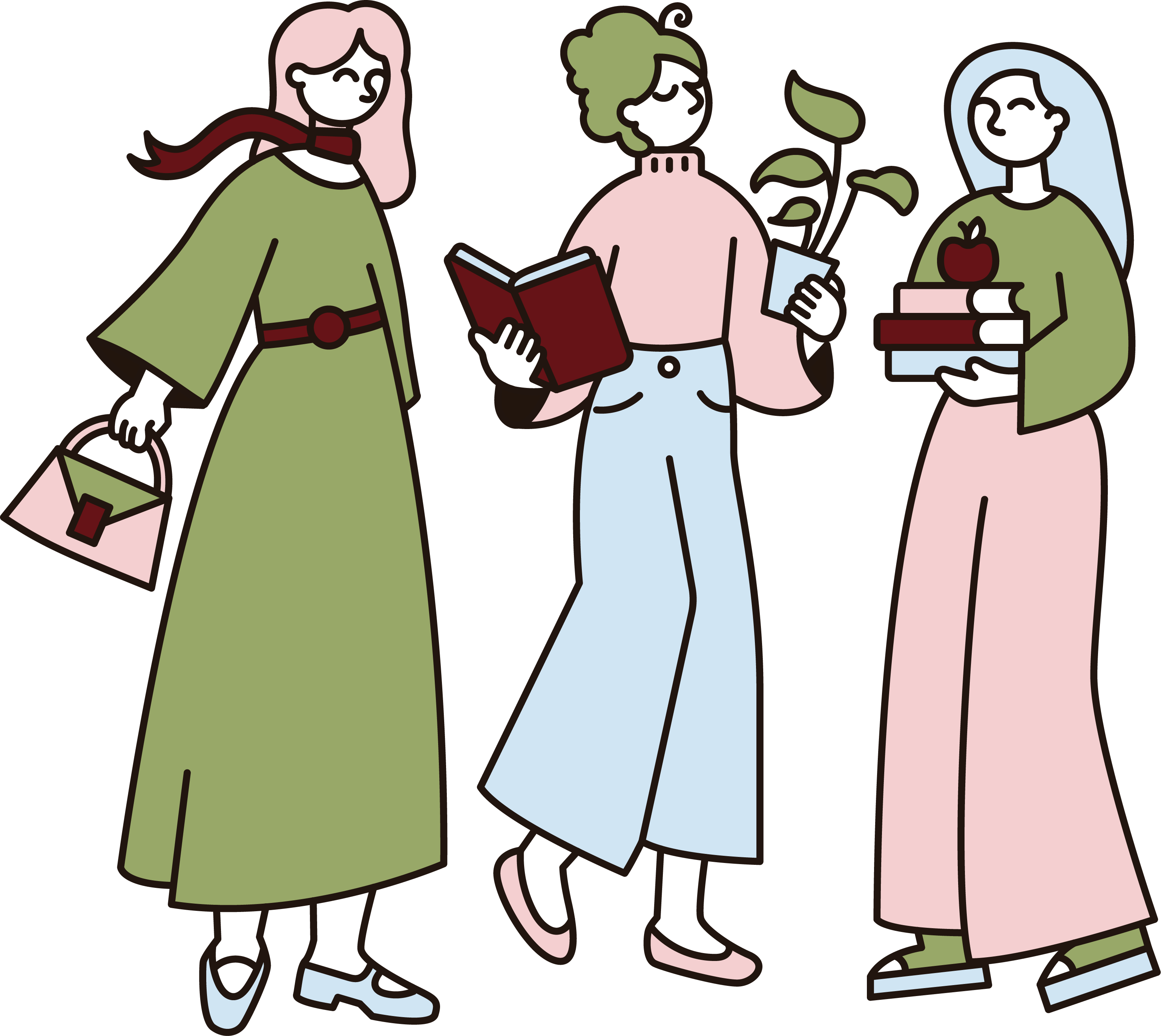 Illustration des trois fondatrices de Maison Horizon, Elsa, Johanna et Sarah, chacune tenant un objet symbolique de son rôle